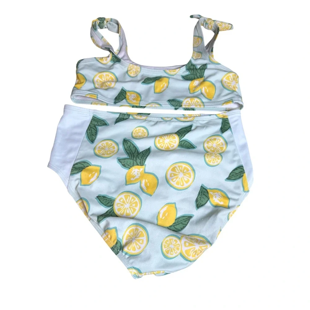 DSG Girls Lemon Print Swimsuit Set Tie‎ Strap Top High Waisted Bottoms L 2 Piece